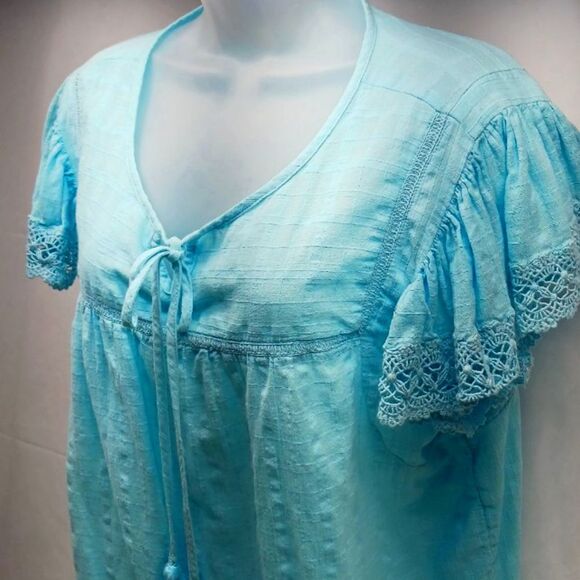 St. John's Bay Baby Doll Tunic 100% Cotton Gausy Tassel Tie Embroidered Blue XL. - Picture 4 of 10